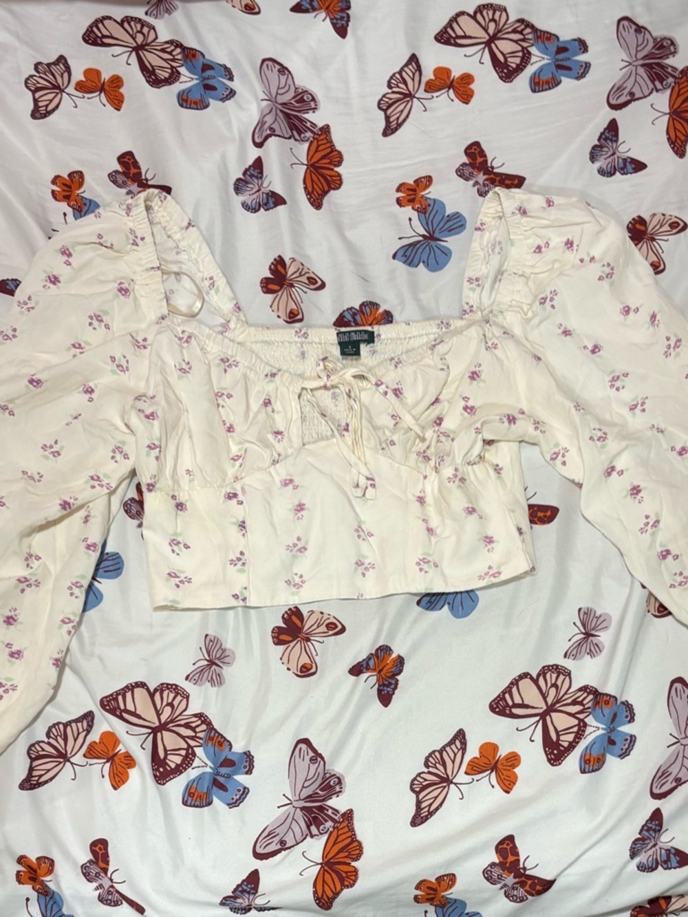 wild fable Cream Floral Puff-Sleeve Peasant Crop Top